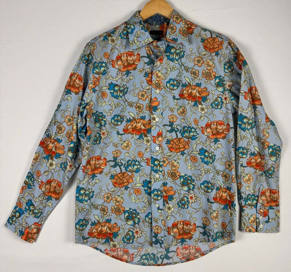 Structure Button Down Shirt Size M Blue Floral Print Cotton Long Sleeve